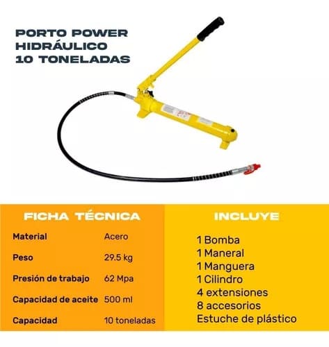 Porto Power hidráulico automotriz 10 toneladas Herramienta de reparación de carrocerías 10 ton Porto Power 10 toneladas para automóviles Equipo hidráulico para enderezado de autos Gato hidráulico de 10 toneladas para carrocería Kit hidráulico de alineación de chasis 10 ton Porto Power para reparación de carrocerías Gato hidráulico automotriz de 10 toneladas Porto Power con extensores para autos Porto Power para enderezar chasis de camiones Kit de reparación hidráulico 10 toneladas 