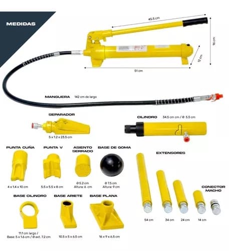 Porto Power hidráulico automotriz 10 toneladas Herramienta de reparación de carrocerías 10 ton Porto Power 10 toneladas para automóviles Equipo hidráulico para enderezado de autos Gato hidráulico de 10 toneladas para carrocería Kit hidráulico de alineación de chasis 10 ton Porto Power para reparación de carrocerías Gato hidráulico automotriz de 10 toneladas Porto Power con extensores para autos Porto Power para enderezar chasis de camiones Kit de reparación hidráulico 10 toneladas 
